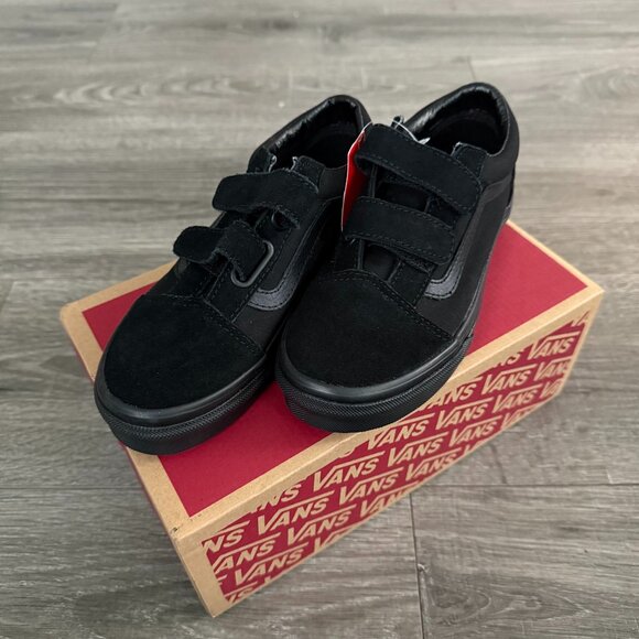 NIB Vans Old Skool V Black Double Strap Skate Shoes Youth Little Boys Size 1.5 - Picture 1 of 7